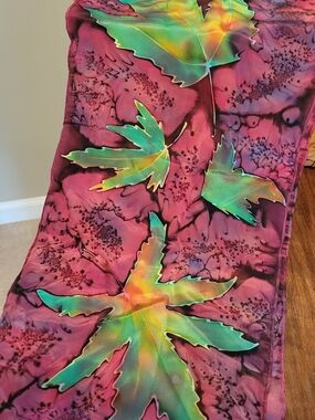 Handpainted Leaf Silk Scarf in Magenta and Teal